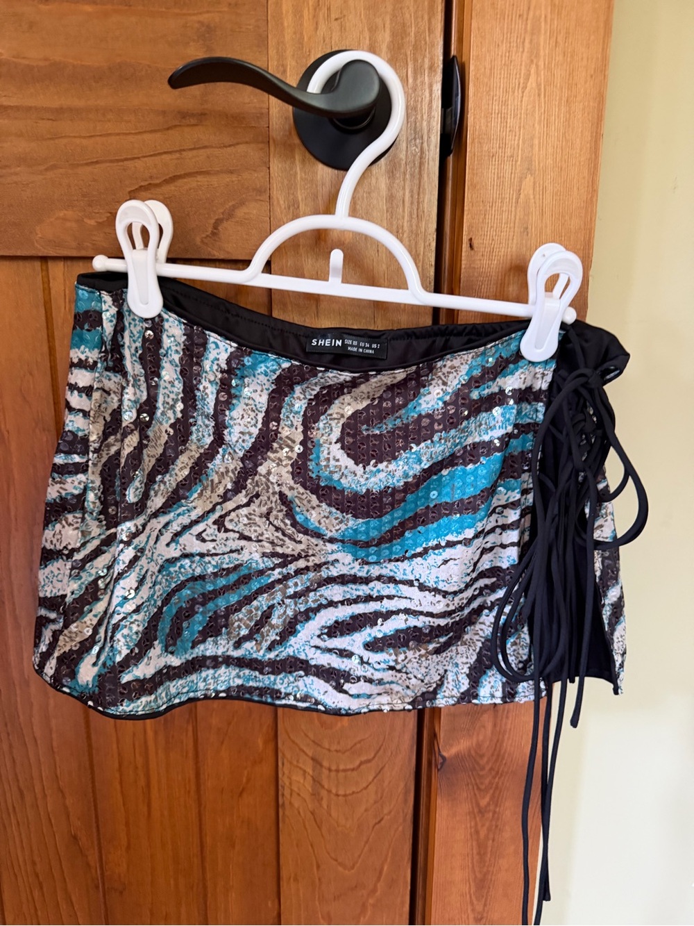 Sequined Zebra Print Bandeau Crop Top in Teal Black Silver